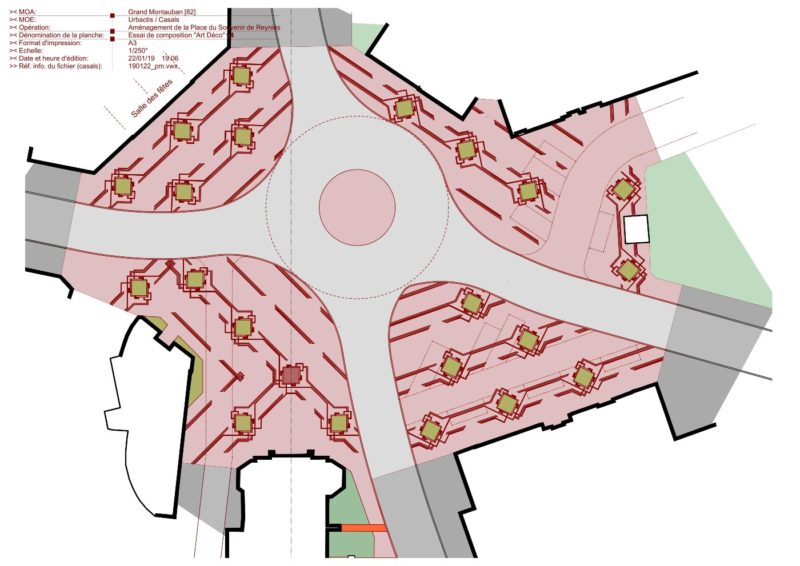Vue globale du graphisme Art déco sur la place
